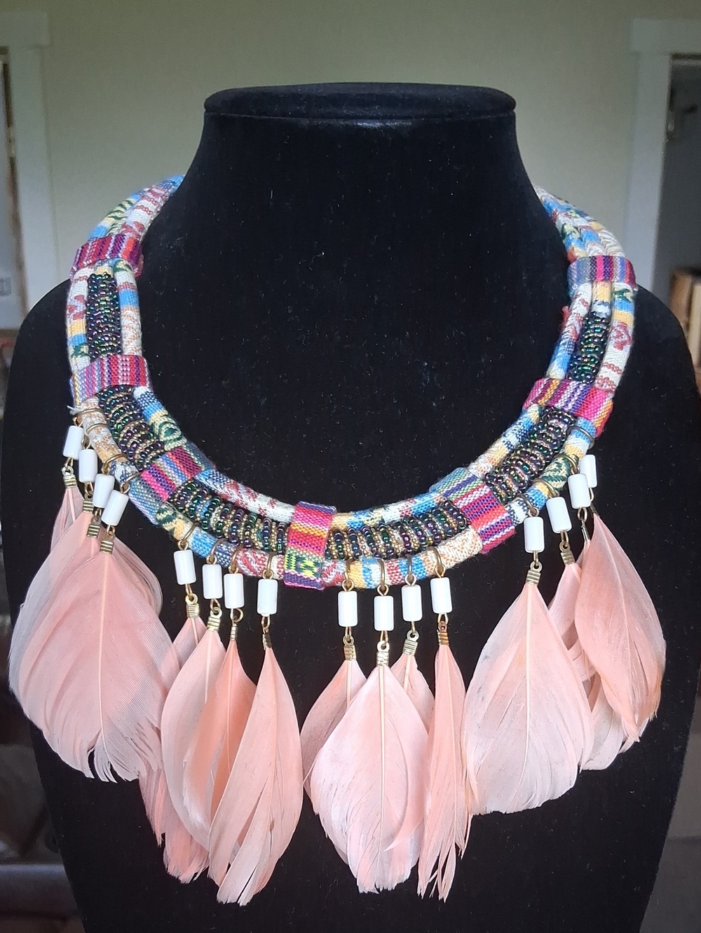 Boho Ethnic Urban Festival Fabric Multicolor Bead Collar Necklace Feather Fringe